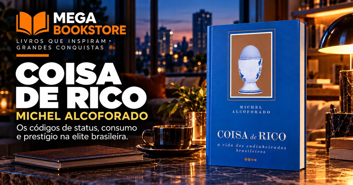 Arte Mega Bookstore para Coisa de rico, de Michel Alcoforado; capa do livro em cenário de leitura, com texto editorial.