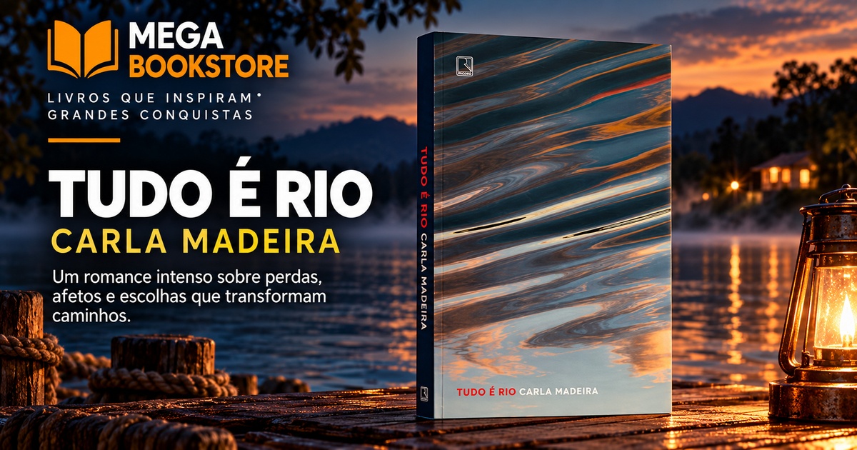 Arte promocional do romance Tudo é rio, de Carla Madeira, com cenário de rio ao entardecer