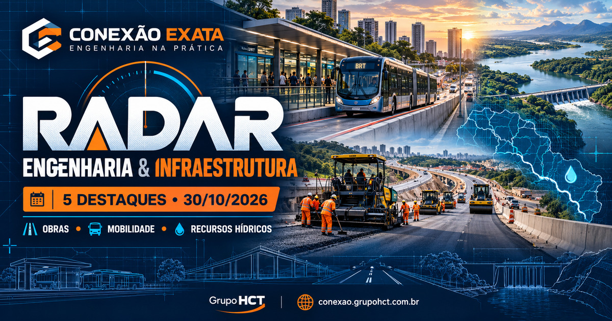 Radar Conexão Exata com cinco destaques de engenharia e infraestrutura: BRT, rodovias, pavimentação e recursos hídricos