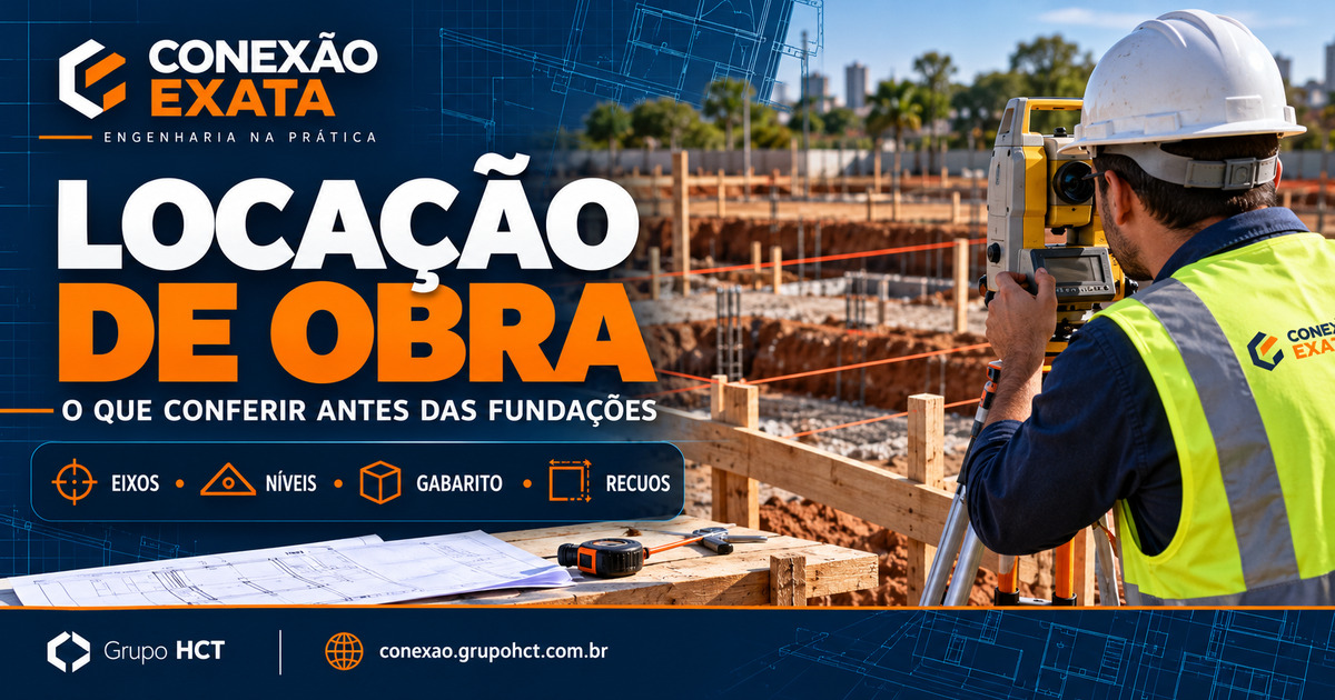 Engenheiro faz locação topográfica de obra, conferindo eixos e gabarito antes das fundações