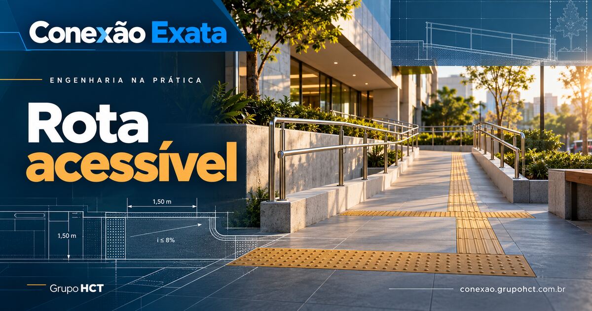 Rota acessível com rampa, patamares, corrimãos e piso tátil