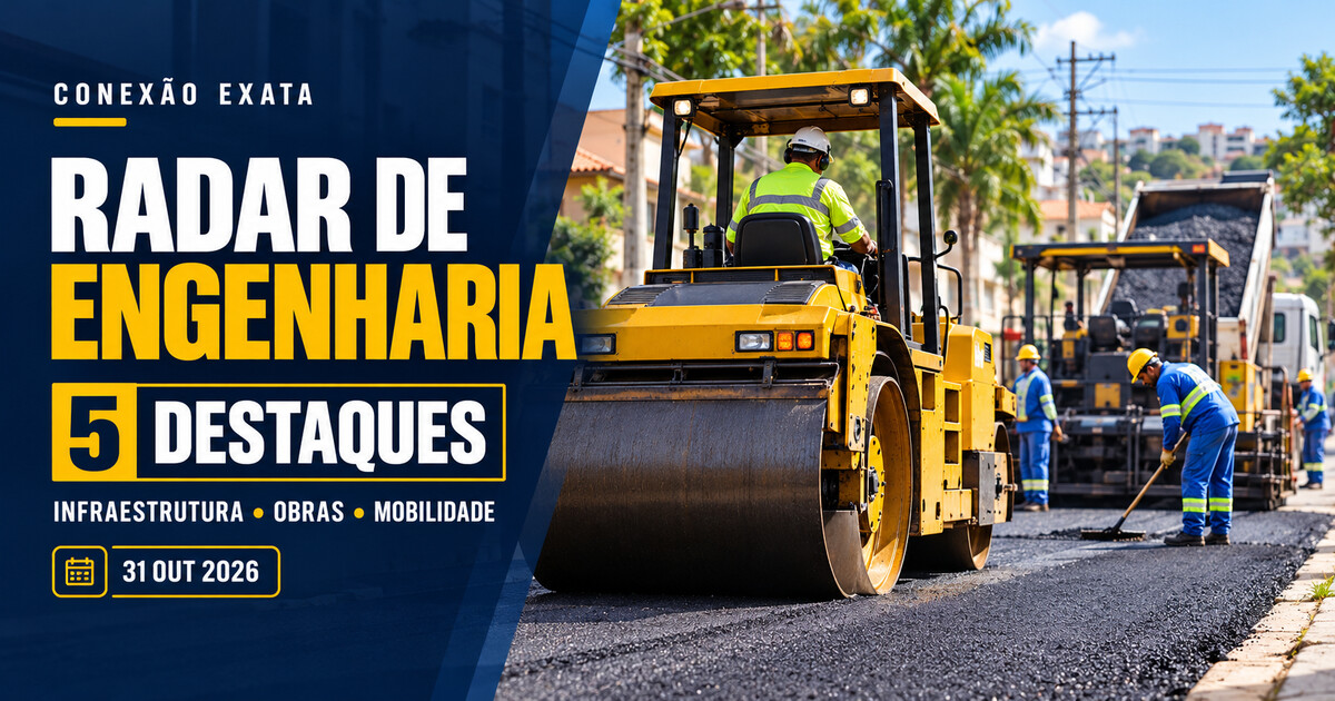 Capa editorial do Radar de Engenharia de 31 de outubro de 2026, com rolo compactador e equipe realizando pavimentação urbana.