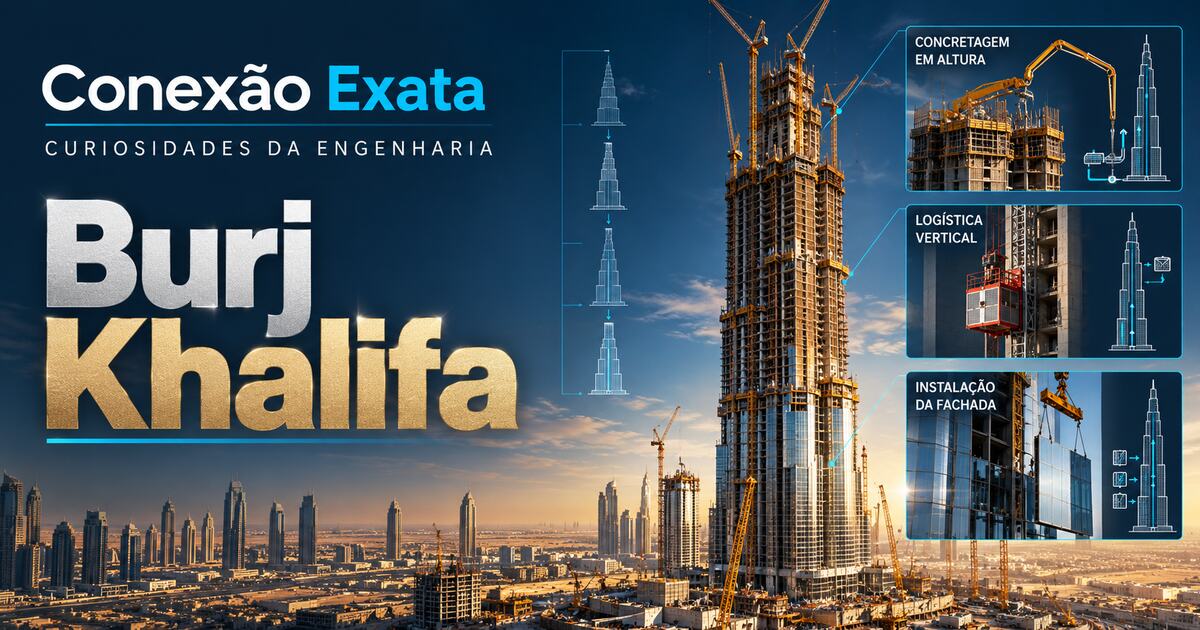 Burj Khalifa em construção com logística vertical e concretagem em altura