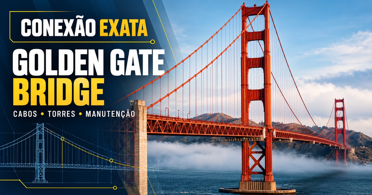 Arte editorial sobre a engenharia, os cabos, as torres e a manutenção da Golden Gate Bridge para o post 18439.