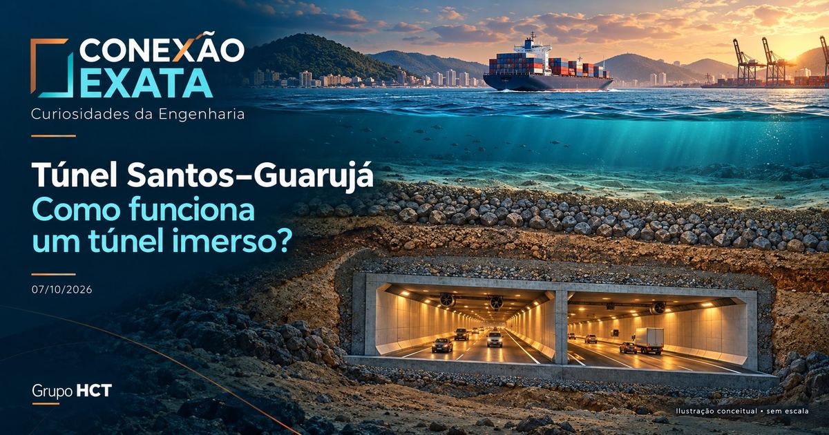 Ilustração conceitual em corte de um túnel imerso sob o canal de Santos–Guarujá, com navio na superfície e módulos de concreto protegidos no leito.