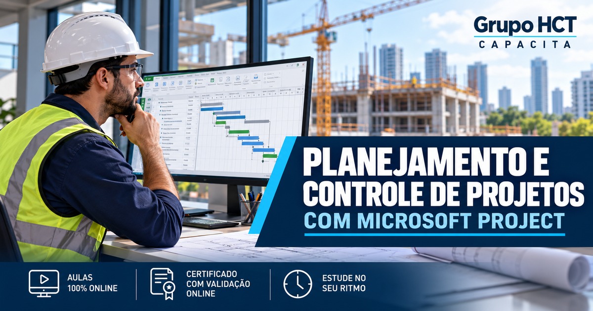Capa do curso Planejamento e Controle de Projetos com Microsoft Project do Grupo HCT Capacita.