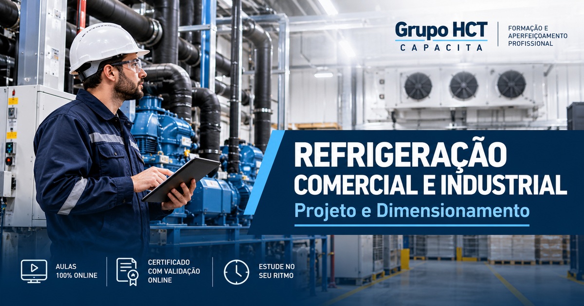 Profissional de refrigeração industrial inspecionando equipamentos, capa do curso Grupo HCT Capacita