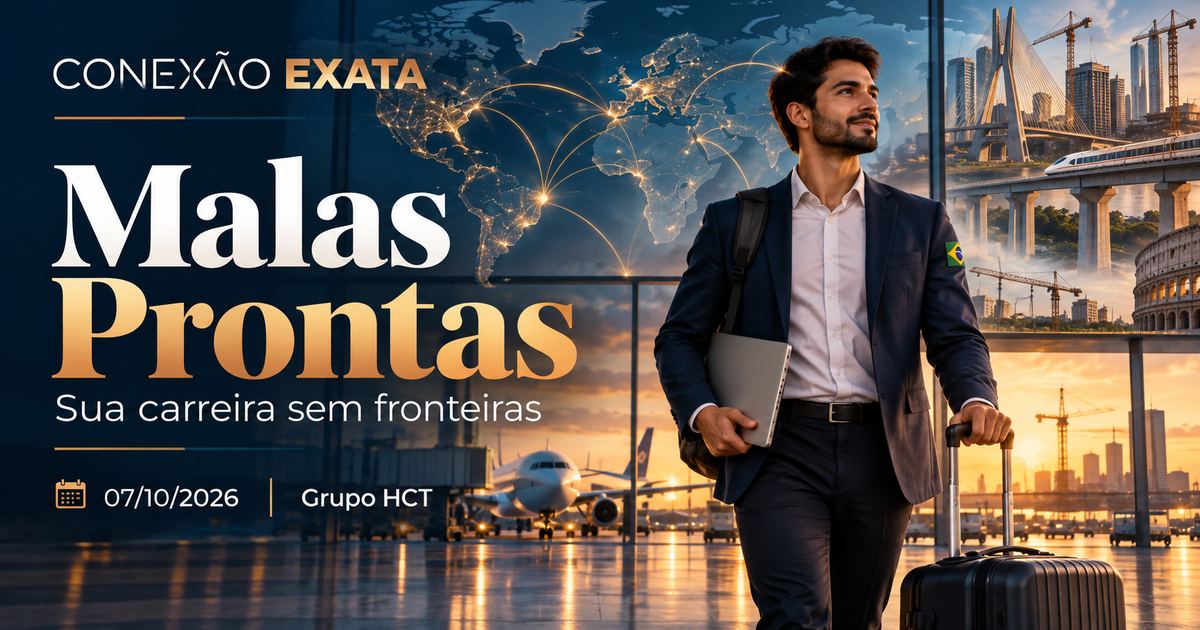Profissional brasileiro com mala e laptop em aeroporto, representando carreira internacional.