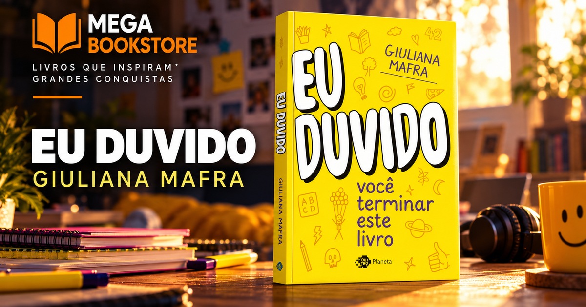 Capa de Eu duvido você terminar este livro, de Giuliana Mafra, em cenário criativo de leitura.