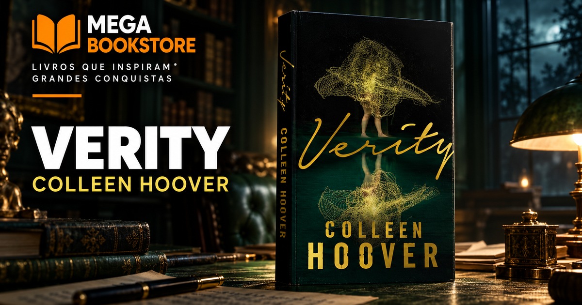 Capa do livro Verity, de Colleen Hoover, em cenário de suspense para a Mega Bookstore.