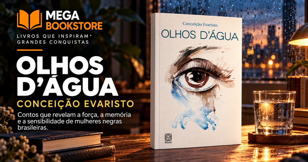 Capa de Olhos d’água, de Conceição Evaristo, em ambiente de leitura acolhedor com identidade Mega Bookstore.