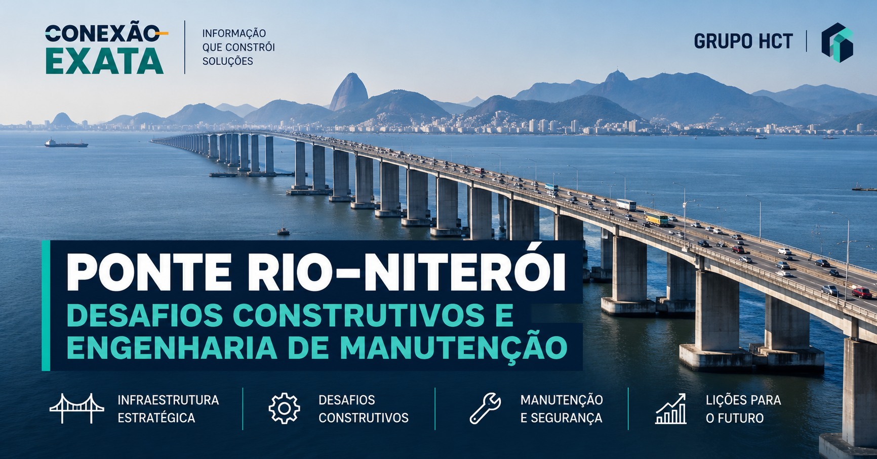 Arte ilustrativa sobre a Ponte Rio–Niterói com identidade visual Conexão Exata e título do artigo