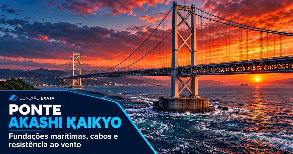 Ponte Akashi Kaikyo sobre o estreito, com seus cabos de suspensão e torres ao pôr do sol.
