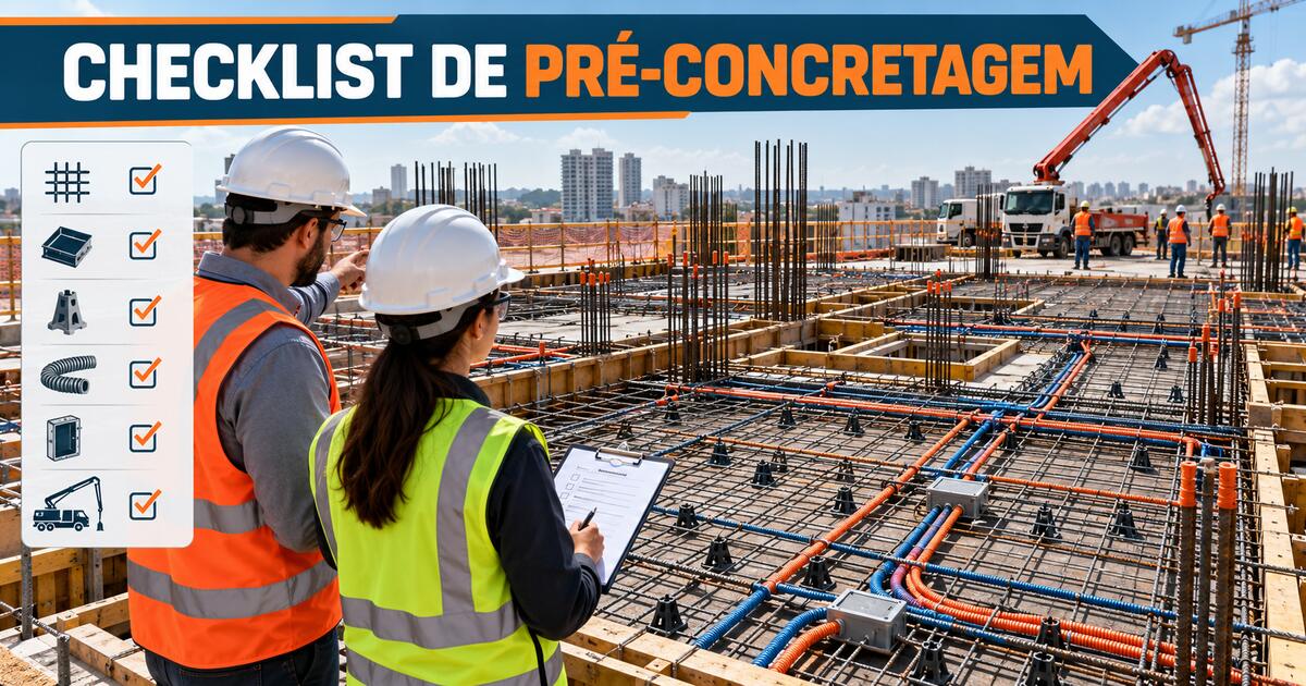 Checklist de pré-concretagem com formas, armaduras, cobrimento e embutidos