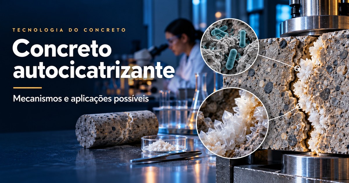Capa do artigo sobre concreto autocicatrizante, com título e texto de apoio