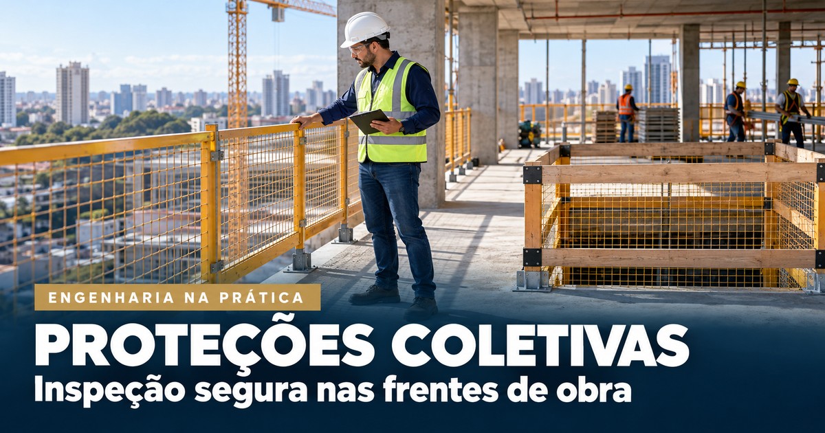 Engenheiro inspeciona proteções coletivas em uma frente de obra