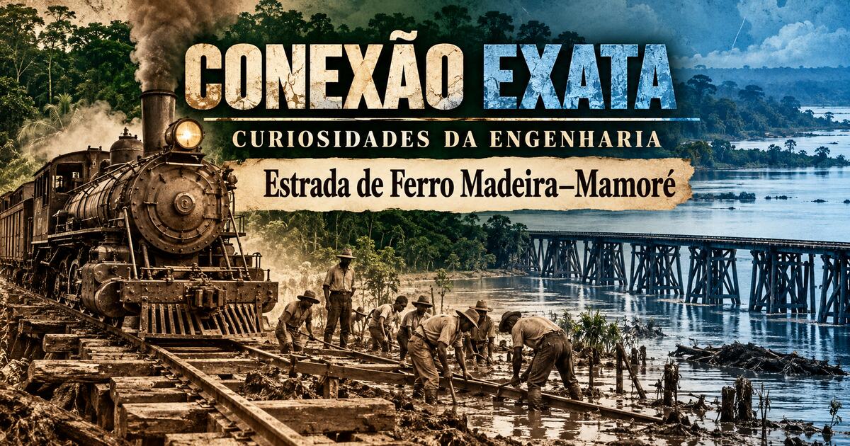 Estrada de Ferro Madeira-Mamoré com locomotiva e construção em terreno amazônico alagado
