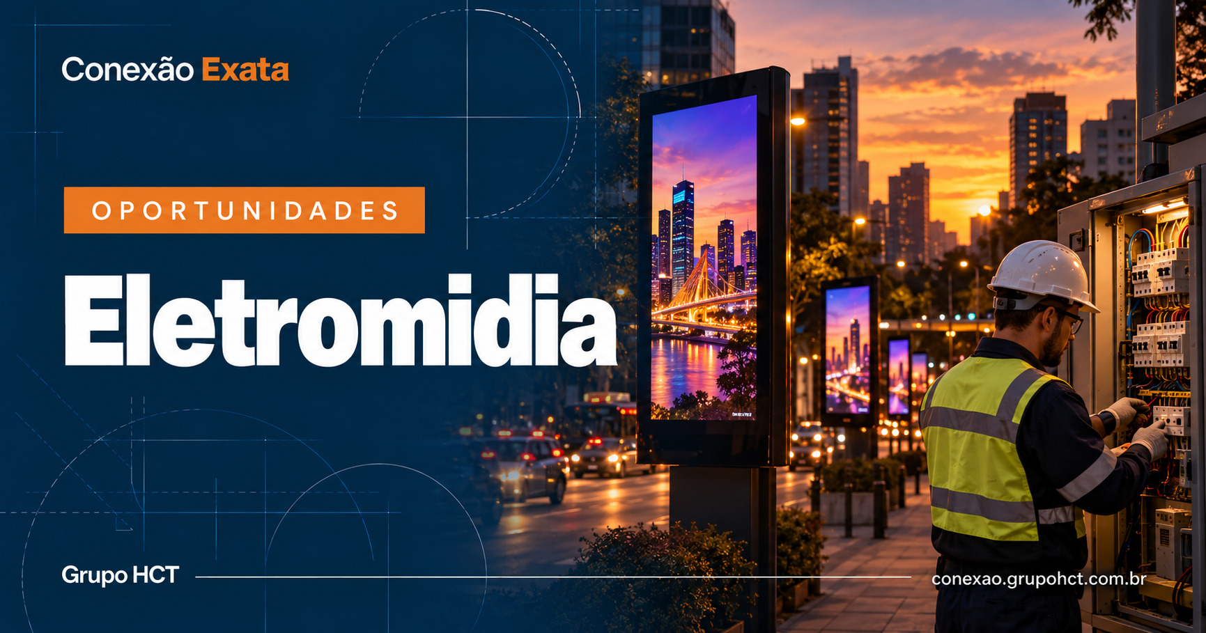 Destaque 2 da vaga de Analista de Engenharia Elétrica Sênior na Eletromidia: engenheiro inspeciona infraestrutura elétrica em cenário urbano com painéis digitais.