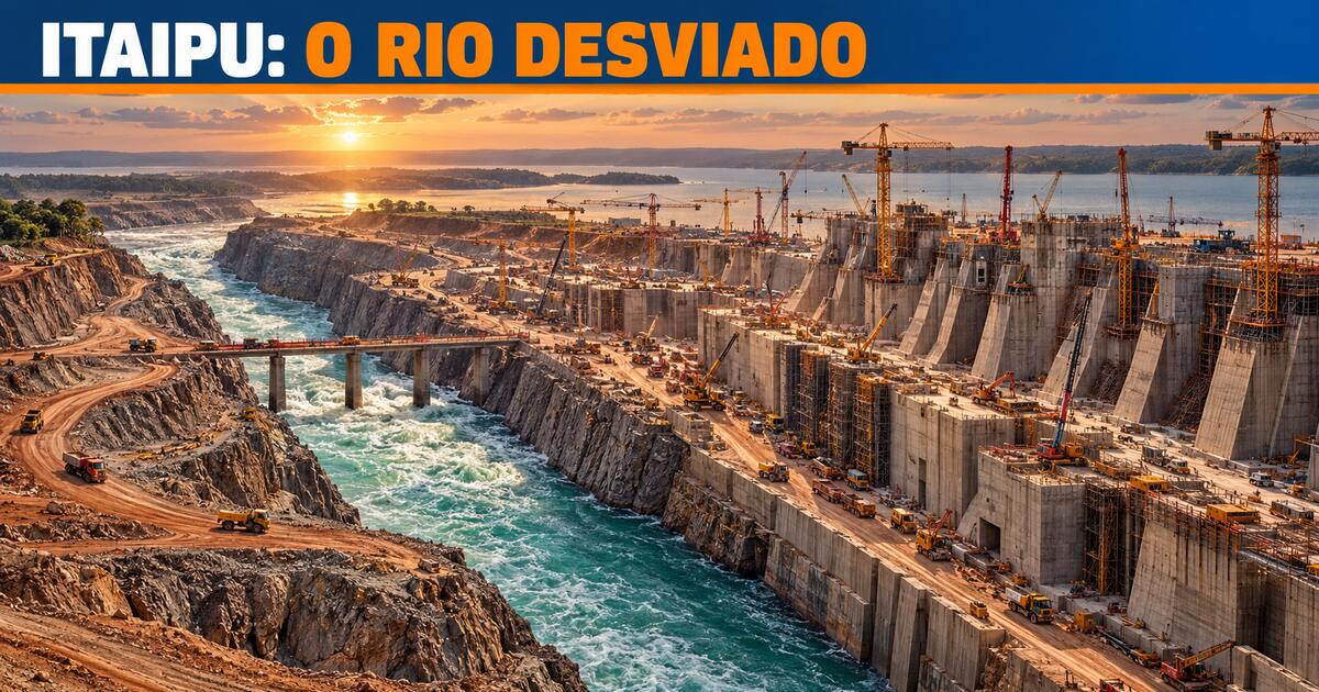 Itaipu em construção com o Rio Paraná desviado e a barragem em etapas