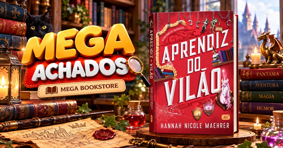 Mega Achados — Aprendiz do Vilão, de Hannah Nicole Maehrer, com capa vermelha e cenário de fantasia