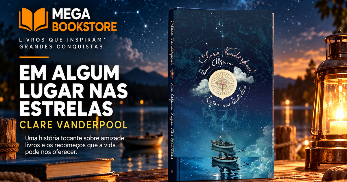 Em Algum Lugar nas Estrelas, de Clare Vanderpool, com capa original sobre cenário de lago estrelado