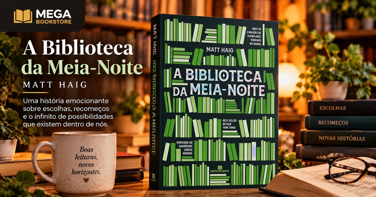 A Biblioteca da Meia-Noite, Matt Haig, capa original verde em cenário Mega Bookstore