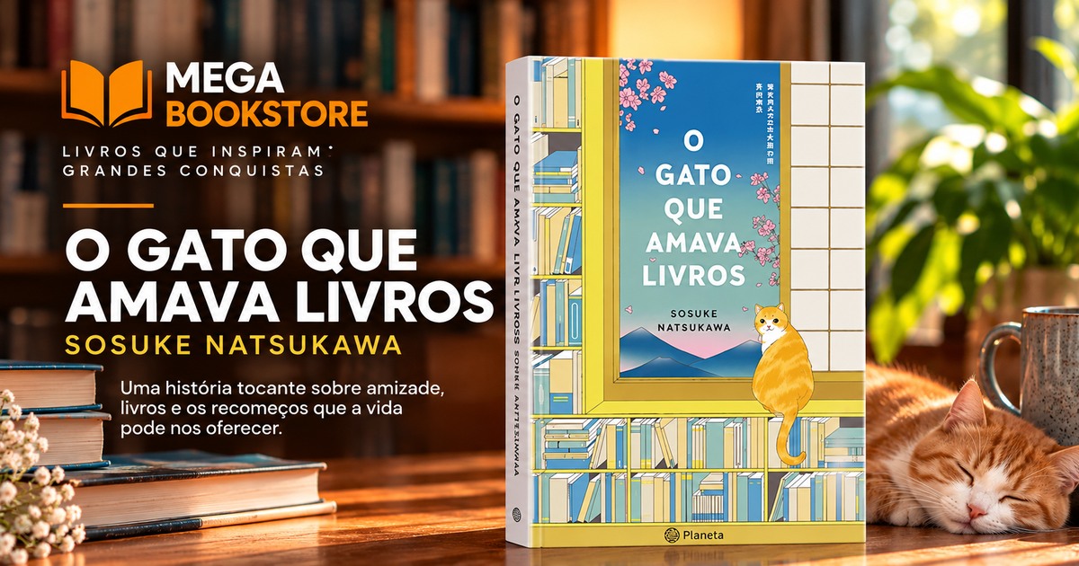 Mega Bookstore O Gato que Amava Livros de Sosuke Natsukawa com capa ilustrada original e gato em livraria