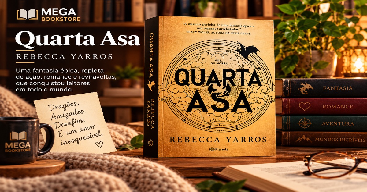 Mega Bookstore — Quarta Asa de Rebecca Yarros, cenário de livraria aconchegante, sem botão de compra