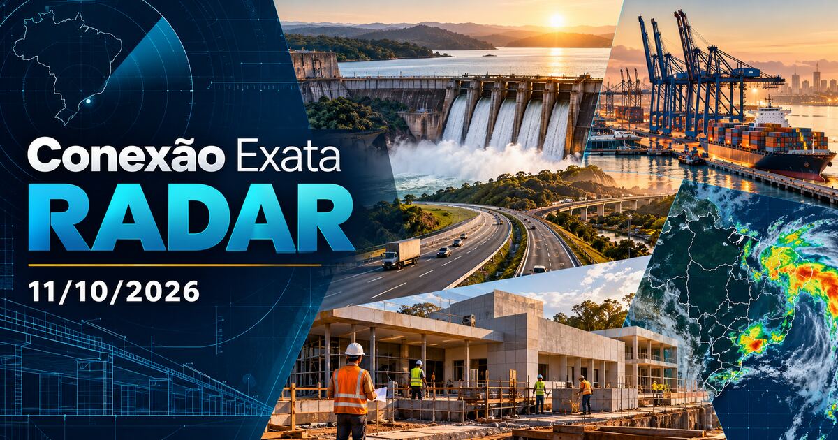 Radar de engenharia e infraestrutura de 11 de outubro de 2026 com barragem, porto, rodovia, obra de saúde e mapa meteorológico