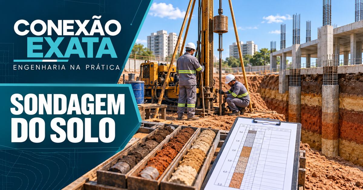 Sondagem de reconhecimento do solo SPT em canteiro de obras com amostras e perfil geotécnico