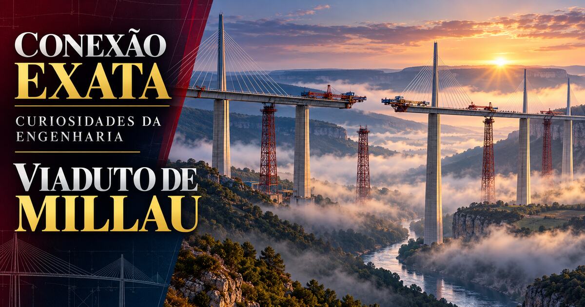 Viaduto de Millau durante montagem do tabuleiro sobre pilares no vale do Tarn, França