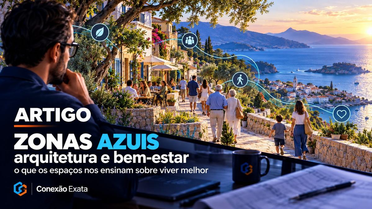 Capa do artigo sobre Zonas Azuis, neuroarquitetura e bem-estar em uma comunidade costeira com áreas verdes e pessoas caminhando.